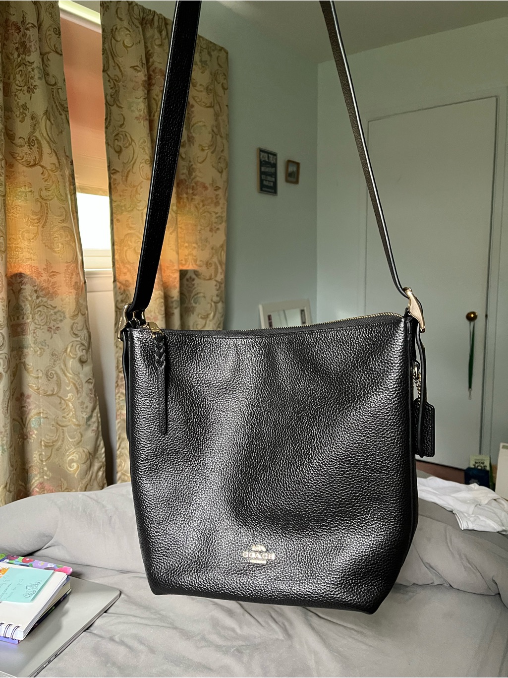 Coach Black Pebbled Leather Crossbody Bucket Shoulder Bag